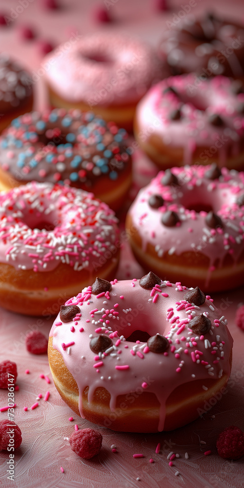 Viele Bunte Donut mit feiner Glasur schön dekoriert mit Streussel Nahaufnahme Viele Bunte Donut mit feiner Glasur schön dekoriert mit Streussel Nahaufnahme