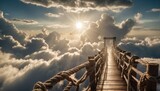 Ethereal rope bridge in the clouds, leading to a mysterious, sunlit destination above a heavenly landscape.