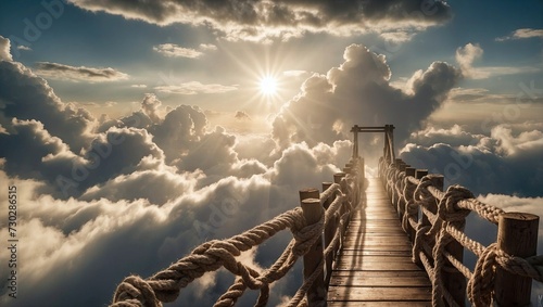 Ethereal rope bridge in the clouds, leading to a mysterious, sunlit destination above a heavenly landscape.