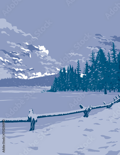 WPA poster art of Echo Lake during winter with Mount Blue Sky in the Rocky Mountain National Park, Colorado, USA  done in works project administration or federal art project style.
