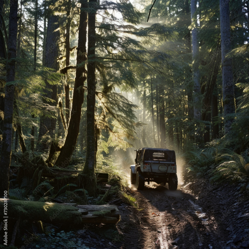 Off-road exploration in a dense forest with light beams filtering through trees