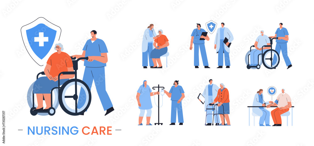 Nursing health care concept set. Doctors, nurses and medical staff help elderly patients on wheelchairs and walkers, measure blood pressure and take care of seniors in hospital. Vector illustration. Nursing health care concept set. Doctors, nurses and medical staff help elderly patients on wheelchairs and walkers, measure blood pressure and take care of seniors in hospital. Vector illustration.