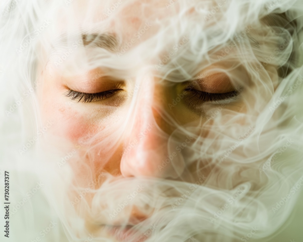 Soothing image of a woman's face partially obscured by a gentle swirl of steam. Represents calmness and the bliss of relaxation treatments