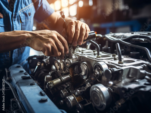 A person in blue overalls repairs a mechanical problem using a wrench in a dimly-lit area.