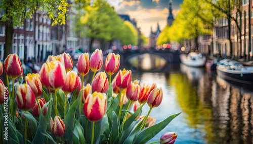Dutch tulips bloom against Amsterdam canals backdrop in spring, symbolizing beauty, growth, and cultural richness