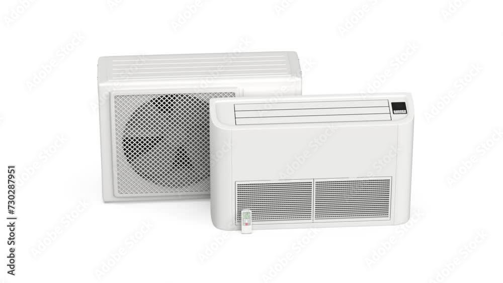 Floor mounted air conditioner with remote control and outdoor unit on white background