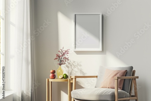 Minimalist interior with a cozy armchair, vibrant flowers, and a framed mockup on a sunny day