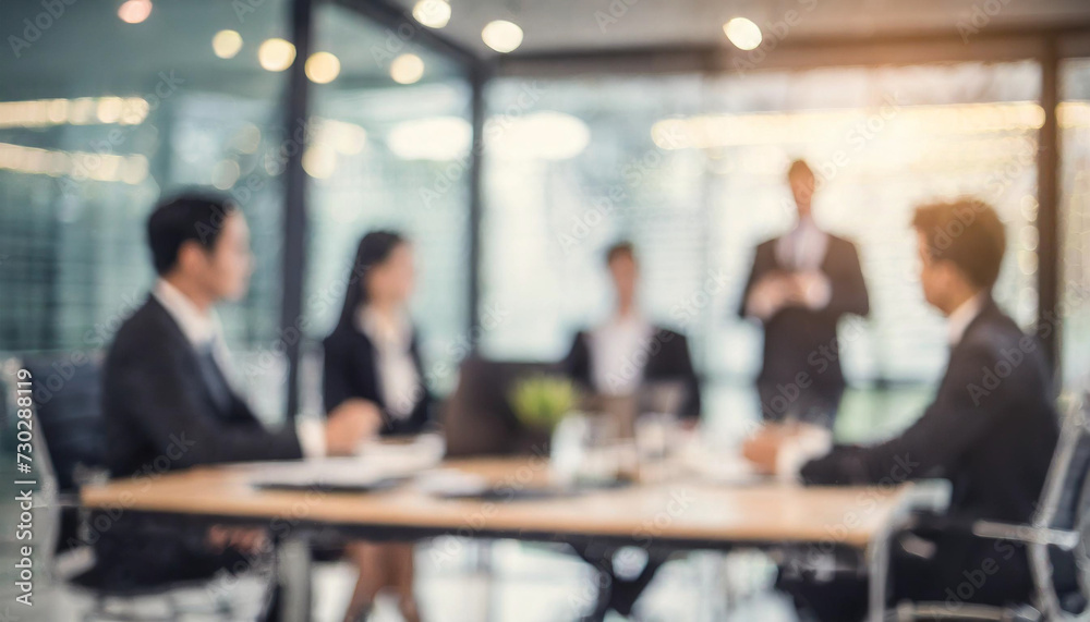 Blurry office meeting scene symbolizing business dynamics, with copy space