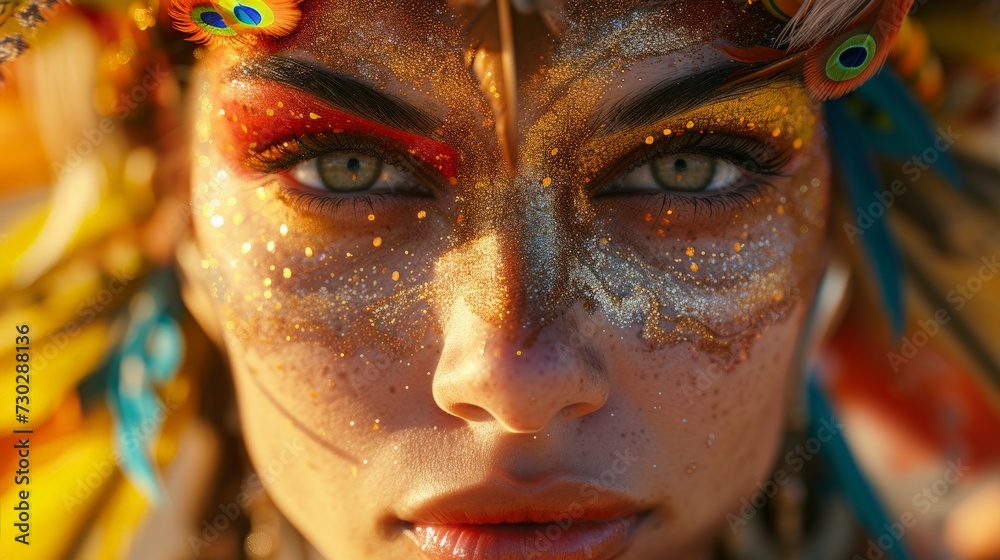 Close-up of intense eyes with vibrant face paint and feather details in a festival-inspired style.