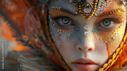 Close-up of a woman with detailed orange headdress and intricate facial adornments, exuding an aura of mysticism.
