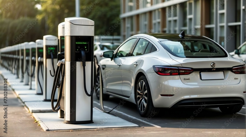 An electric car is charging at a charging station. generative ai An electric car is charging at a charging station. generative ai