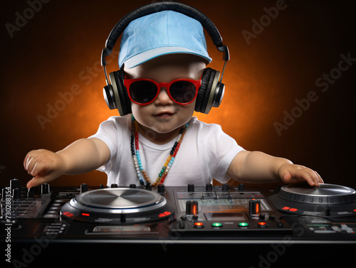 Child DJ in headphones wearing red glasses and mixing music on a sound mixer. Future dream job for kids.
