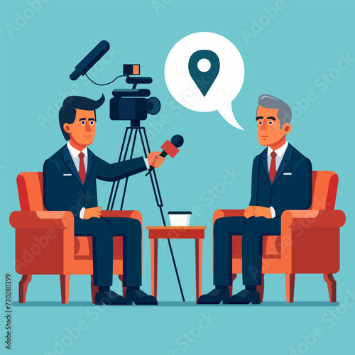 A TV presenter interviews a famous man with gray hair on a video camera
