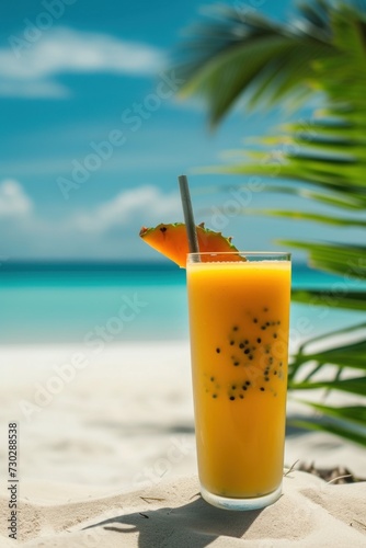 Tropical Papaya lassi or fruits juice on sunny beach under palm shadow. Freshness cold beverage made of yogurt, water, spices, fruits and ice. Popular beverage in Asia. Close up.