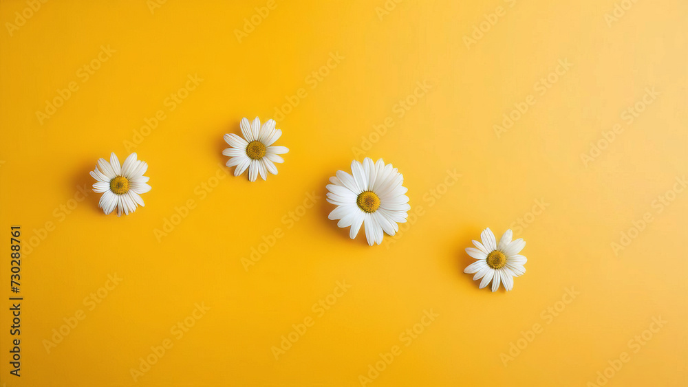Obraz premium Garden chamomile flowers on yellow background. Top view with copy space