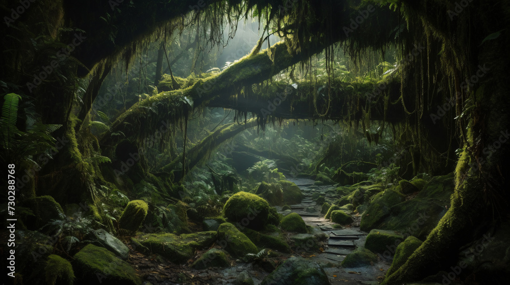 mossy overhang in a lush rainforest.