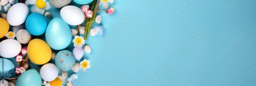 Azure background with colorful easter eggs round frame texture