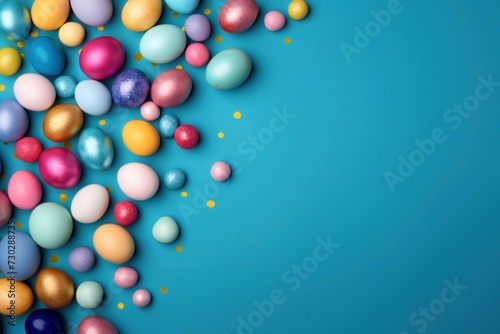 Azure background with colorful easter eggs round frame texture