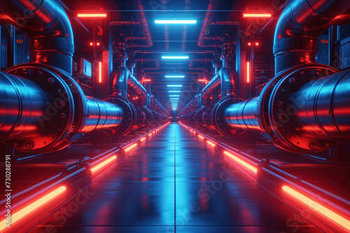 industrial corridor of pipes and lighting, in the style of hyper-realistic sci-fi, neon light, metal. Background image. Created with Generative AI technology