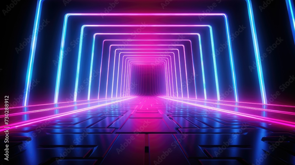 Fototapeta premium 3d abstract neon background, square arch, pink blue glowing lines, futuristic gates construction 