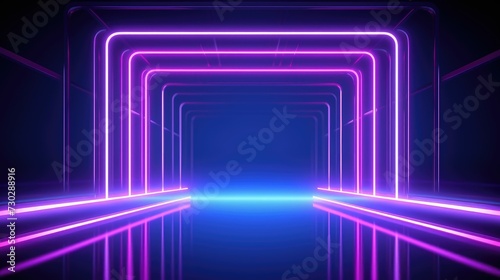 3d abstract neon background, square arch, pink blue glowing lines, futuristic gates construction 
