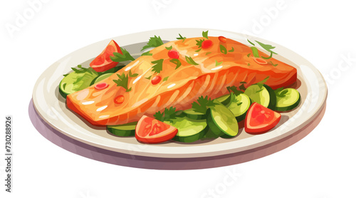 Fish fillet with vegetables on a white plate isolated vector style illustration