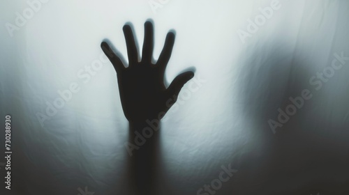 Hand silhouette on blue background. Blurred human hand shape out of focus