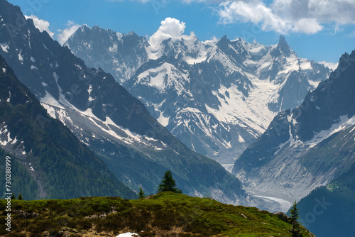 Picturesque view of the Mont Blanc mountain and glacier while hiking Tour du Mont Blanc. Popular tourist attraction. Alps  Chamonix-Mont-Blanc  France  Europe.