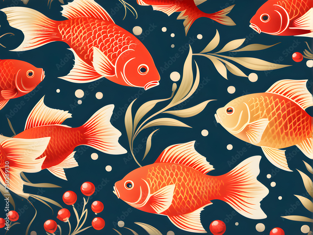 pattern with goldfish and flowers. retro illustration. pattern with goldfish and flowers. retro illustration.