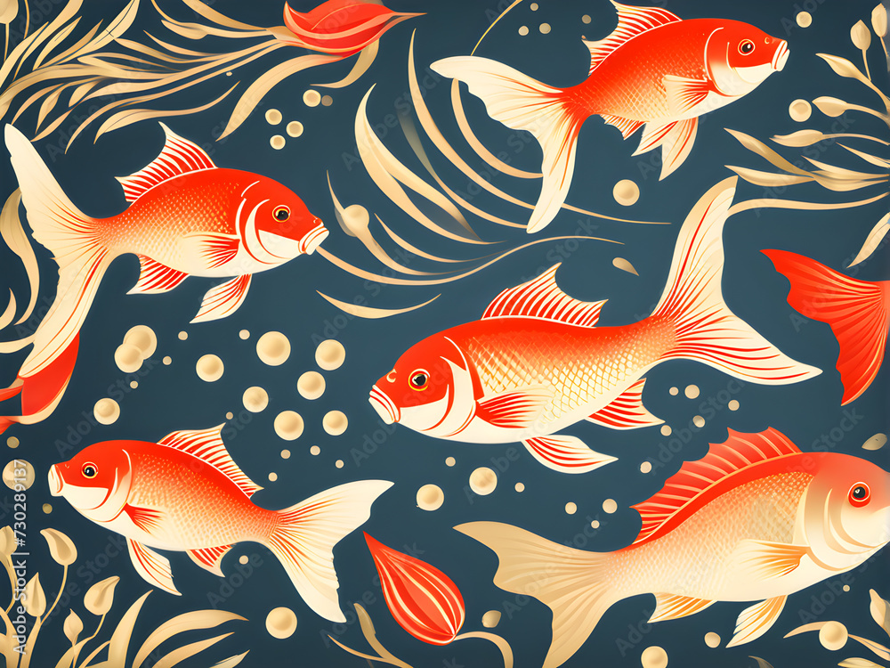 pattern with goldfish and flowers. retro illustration. pattern with goldfish and flowers. retro illustration.