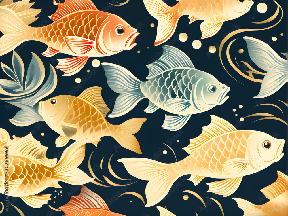 Fototapeta premium Seamless pattern with gold fishes on blue background. 