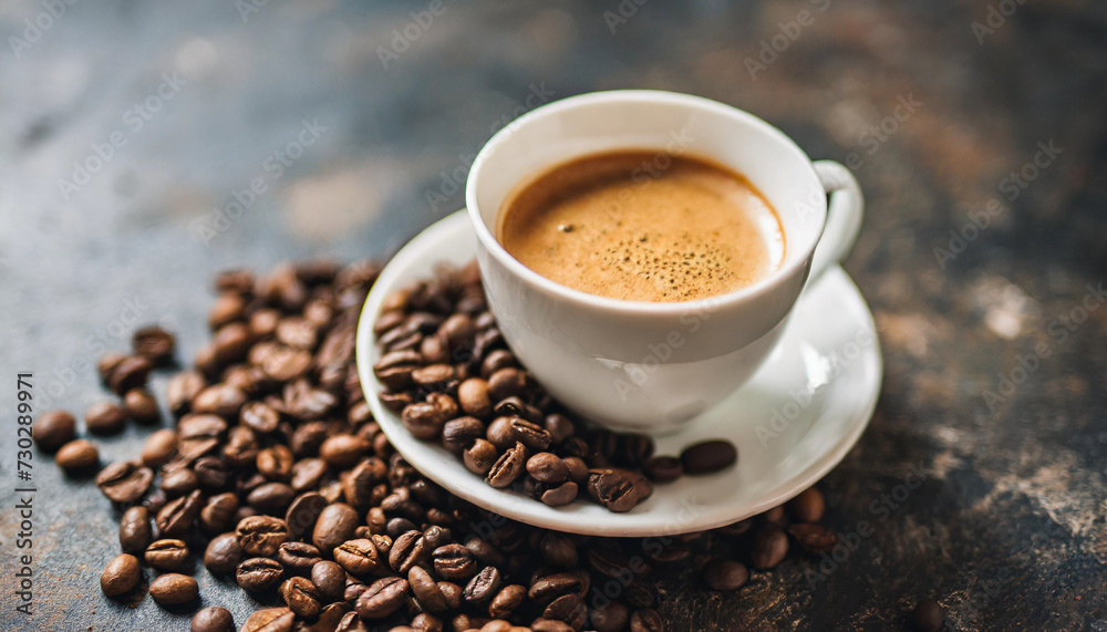 Steaming cup of coffee on rustic background, representing caffeine energy and warmth