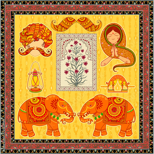 Beautiful Mughal arch with Flowers, floral frame, Culture of Rajasthan in Indian art style. Laaltain and Turban and elephant in Rajasthan Style. Vector File.