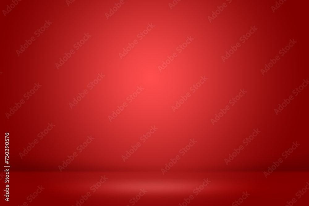 Solid red Color Background. Empty Room Wall for Product Display. Beautiful Studio Background for Advertisement. 3d Render Background. Abstract wall Design.  Interior Room Wall with Floor.