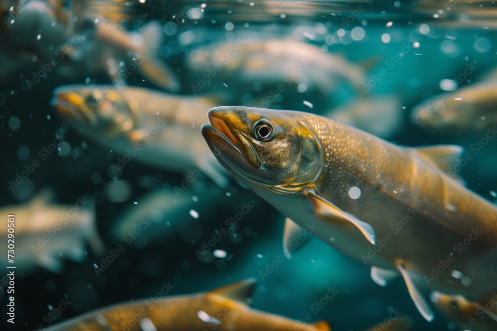Fototapeta premium Group of salmon fish in the sea, fish farm