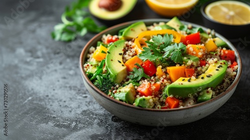 A colorful quinoa salad filled with roasted vegetables, avocado, and a zesty lemon dressing