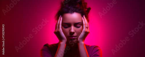 Woman experiencing headache with a distressed expression holding her head in her hands against a bright red background, mental strain. Everyday stress. Self-care and relaxation