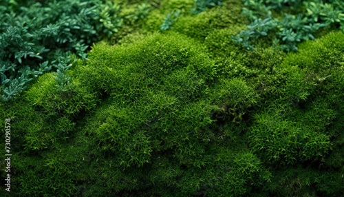 lush dark green moss covering forest floor  providing natural background texture