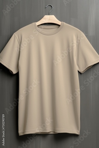 Beige t shirt is seen against a gray wall