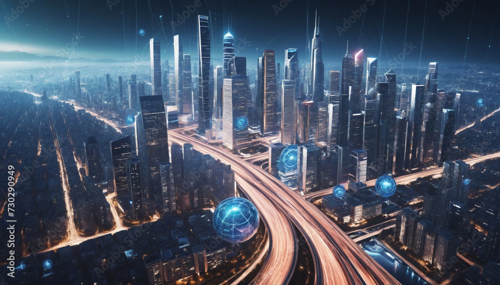 Futuristic city and digital network concept