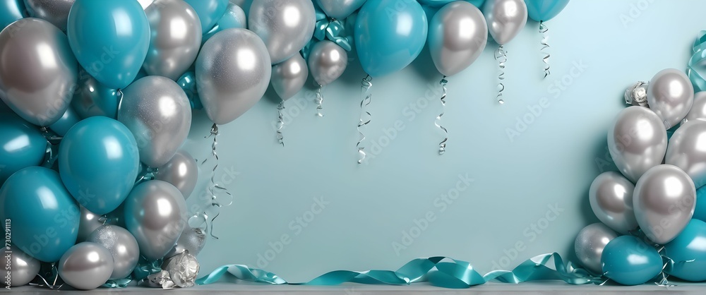 turquoise silver background with balloons, luxurious, beautiful arch, poster frame, discounts on birthday celebration concept, brochure, coupon flyer, advertising design, grand opening turquoise silver background with balloons, luxurious, beautiful arch, poster frame, discounts on birthday celebration concept, brochure, coupon flyer, advertising design, grand opening
