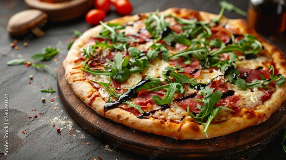 A gourmet pizza topped with arugula, prosciutto, and shaved Parmesan