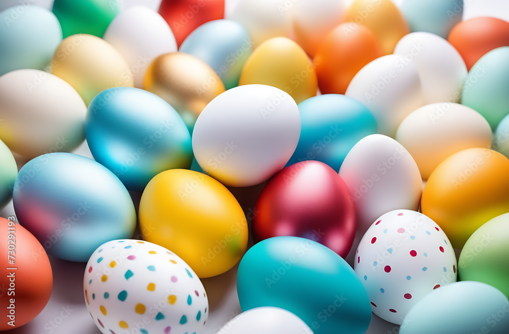 Festive Easter colored eggs with Easters banny on white background. Promotion sale or greeting card Festive Easter colored eggs with Easters banny on white background. Promotion sale or greeting card