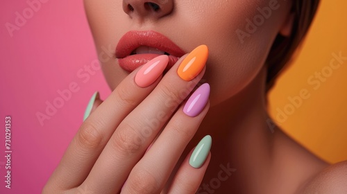 Very creative creations on girls' artificial nails to make you really fashionable. Nail polish, artificial nails, gel polish. Generative AI photo