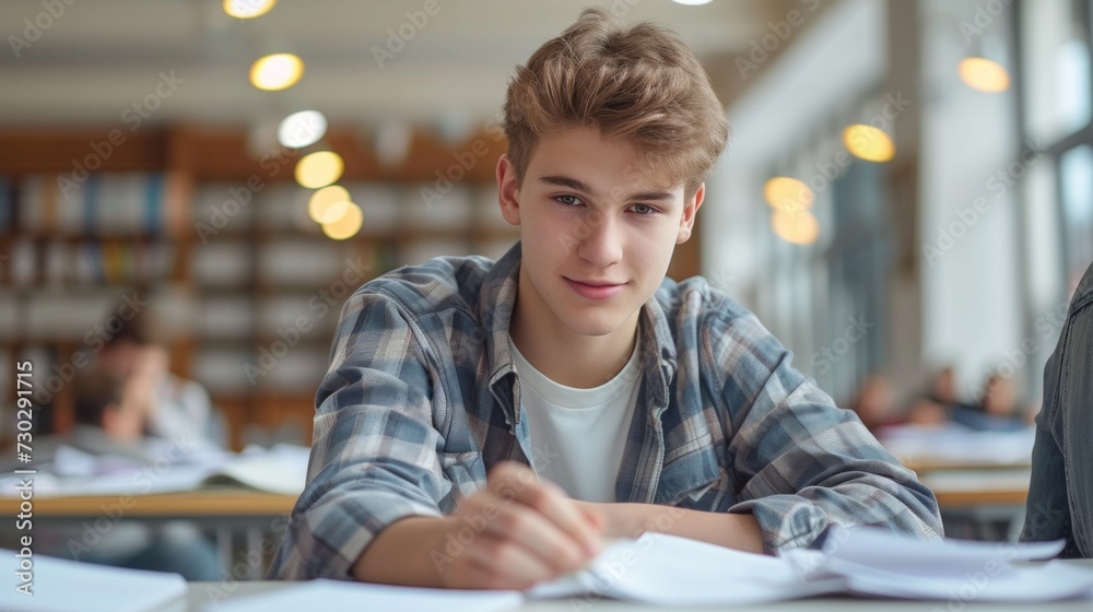 A diligent student making flashcards to reinforce vocabulary for an upcoming language test A diligent student making flashcards to reinforce vocabulary for an upcoming language test
