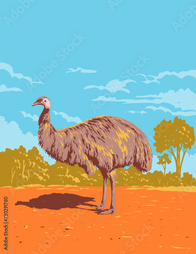 Art Deco or WPA poster of an emu in Gundabooka National Park and State Conservation Area near Bourke in outback NSW New South Wales, Australia done in works project administration style. 