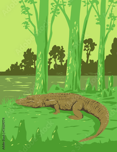 Art Deco or WPA poster of an alligator in Jean Lafitte National Historical Park and Preserve located in the Mississippi River Delta region, Louisiana USA done in works project administration style.
