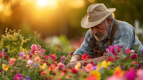 A dedicated gardener meticulously tending to a bed of vibrant flowers under the morning sun © olegganko