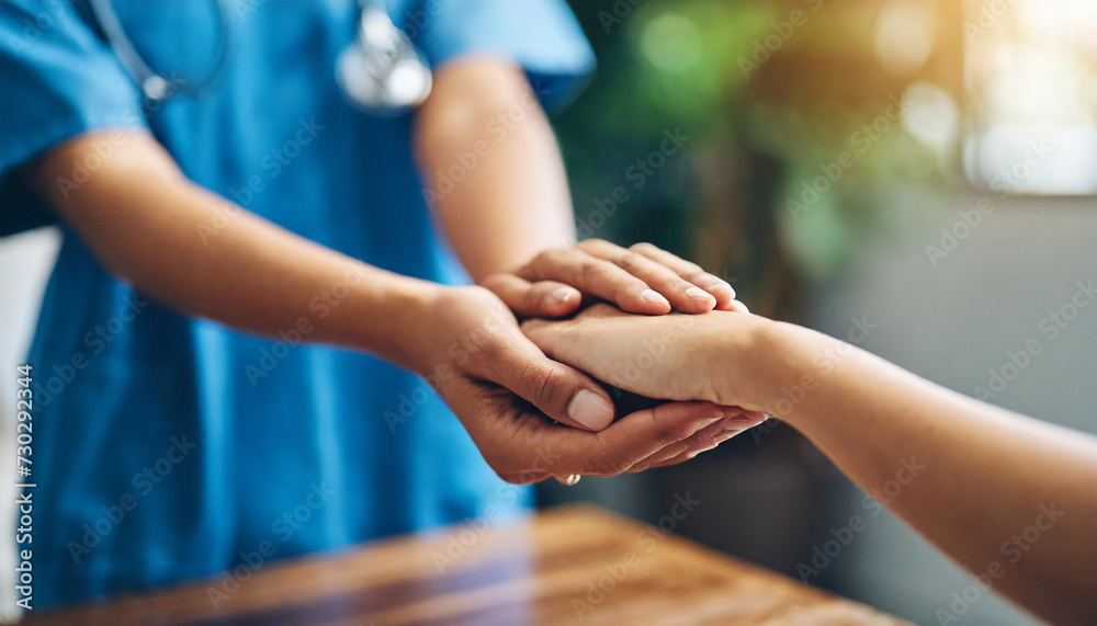 nurse extends support, holding patient's hand, symbolizing compassion and reassurance in medical care