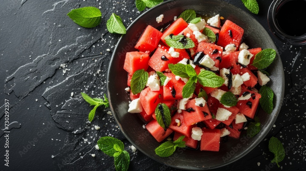 A creative watermelon and feta salad with mint leaves and a balsamic reduction A creative watermelon and feta salad with mint leaves and a balsamic reduction
